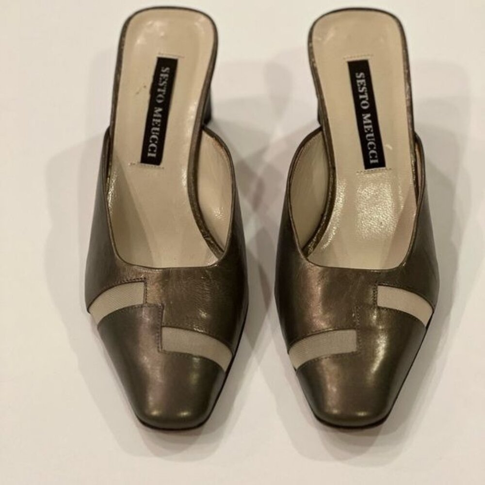 Sesto Meucci grey metallic toned Italian leather heeled mules netting size 6.5